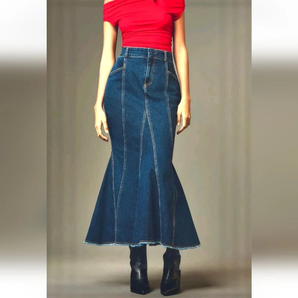 Anthropologie - Pilcro Fluted Denim Maxi Skirt Fray Hem Stretch Dark Deni - Picture 1 of 11